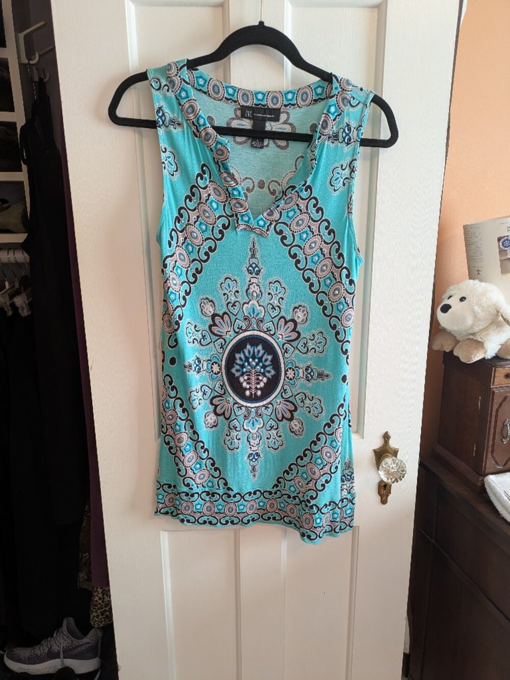 INC International Concepts Turquoise & Black Printed Sleeveless Top w/ Sequins L